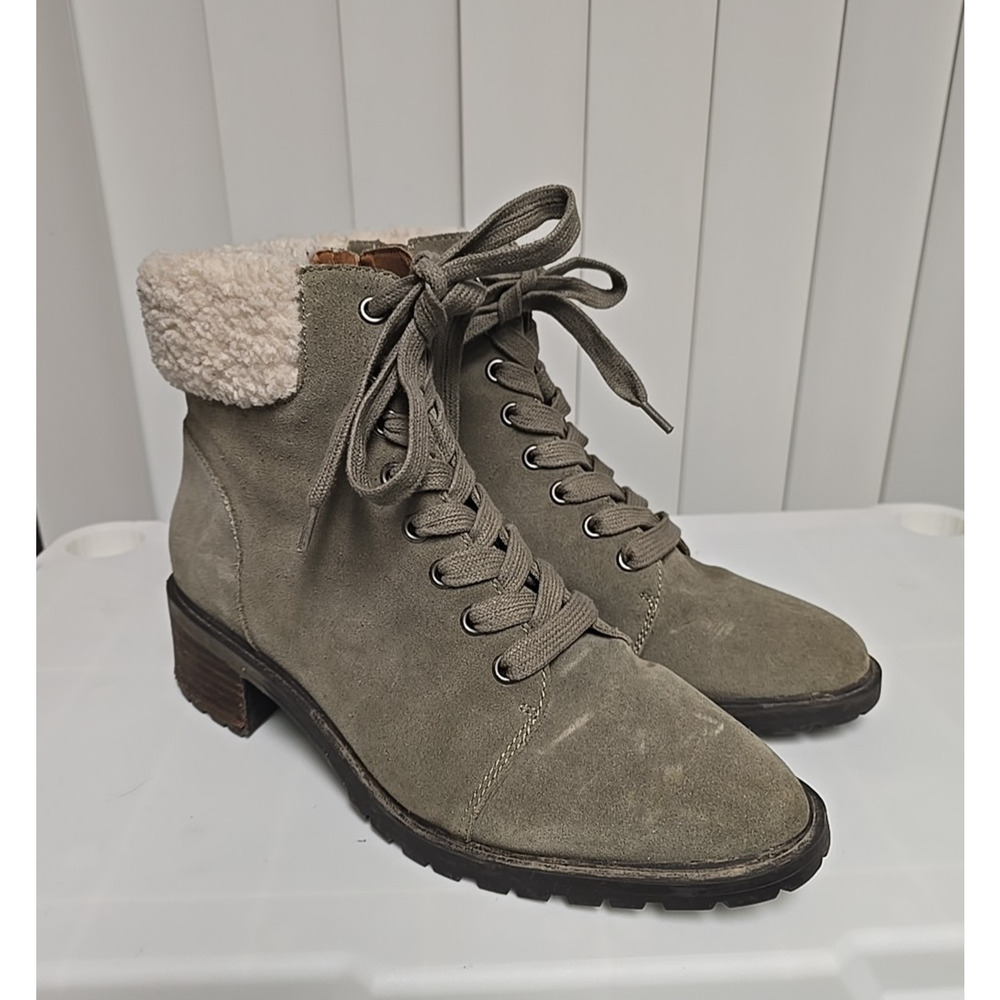 Lucky Brand LK-Jacenia Olive Green Suede Lined Lace Up Ankle Boots Womans Sz 9M